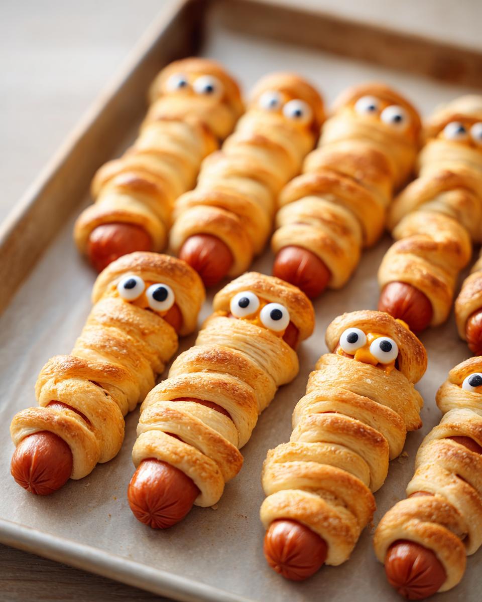 Tray of Mummy Dogs, an easy Halloween treats, made with hotdogs wrapped in pastry and candy eyes.