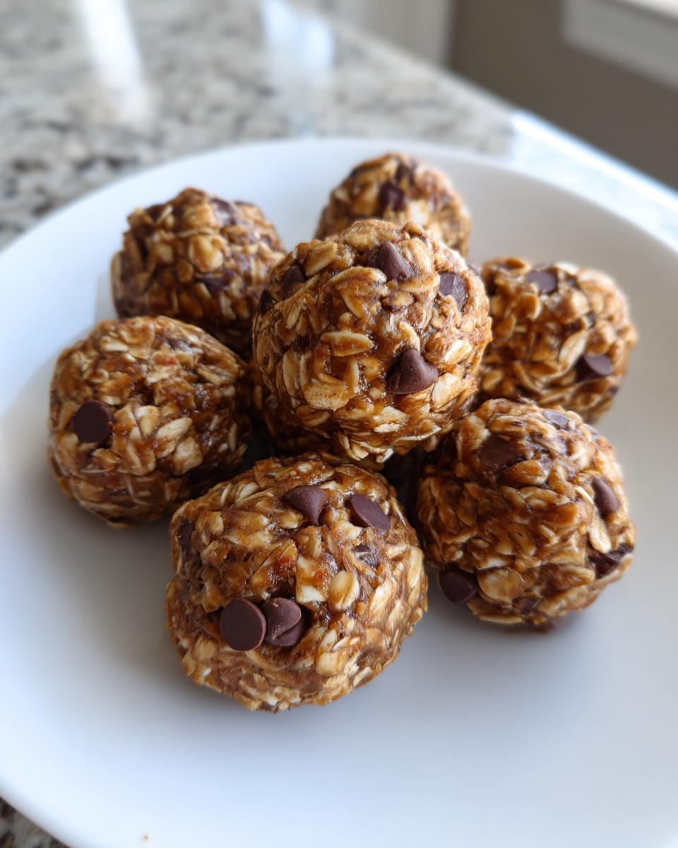 A plate of delicious No-Bake Oatmeal Energy Bites, studded with chocolate chips.