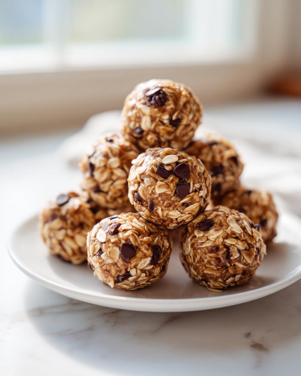 A stack of delicious No-Bake Oatmeal Energy Bites with chocolate chips on a white plate.