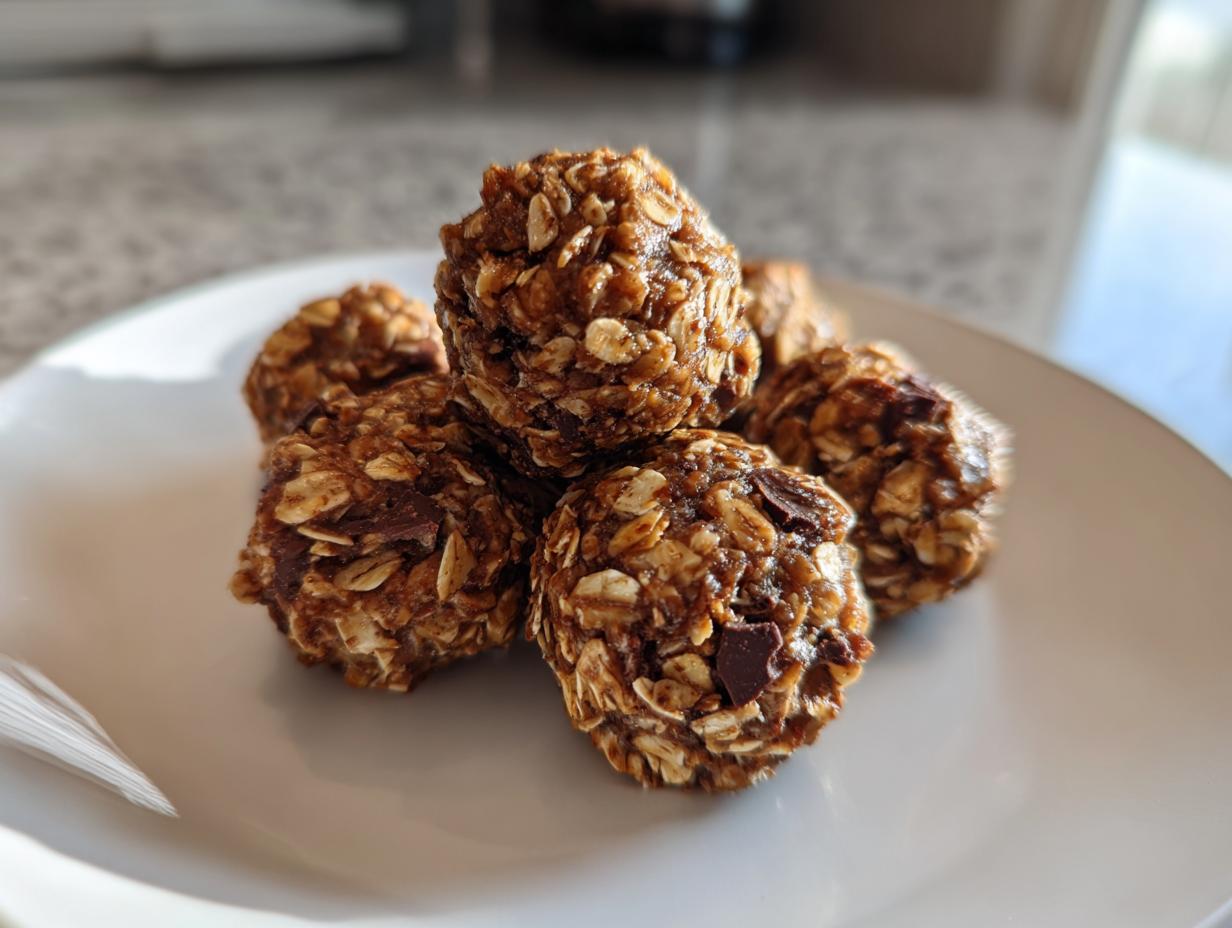 A plate of delicious No-Bake Oatmeal Energy Bites, featuring oats and chocolate chunks.