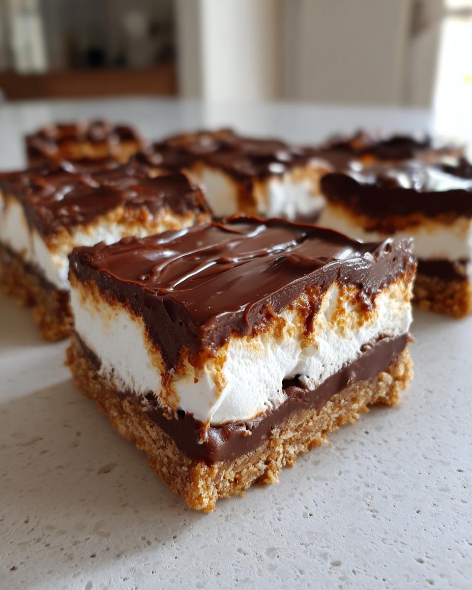Close-up of No-Bake S’mores Bars, showing layers of graham cracker crust, chocolate, marshmallow, and chocolate topping.