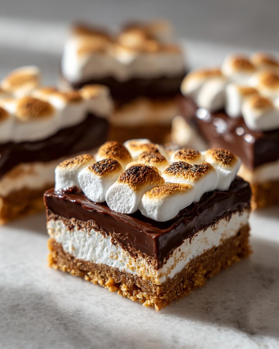Close-up of No-Bake S’mores Bars, showing layers of graham cracker crust, marshmallow, chocolate, and toasted marshmallows.