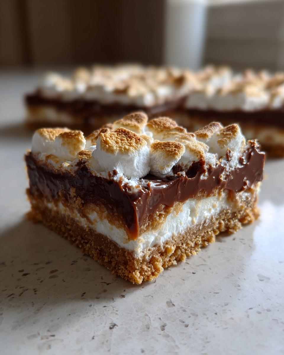 A close-up of a No-Bake S’mores Bars showing layers of graham cracker crust, marshmallow, chocolate, and toasted marshmallows.