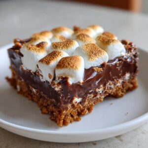 A single slice of No-Bake S’mores Bars, showcasing the graham cracker crust, chocolate layer, and toasted marshmallows.
