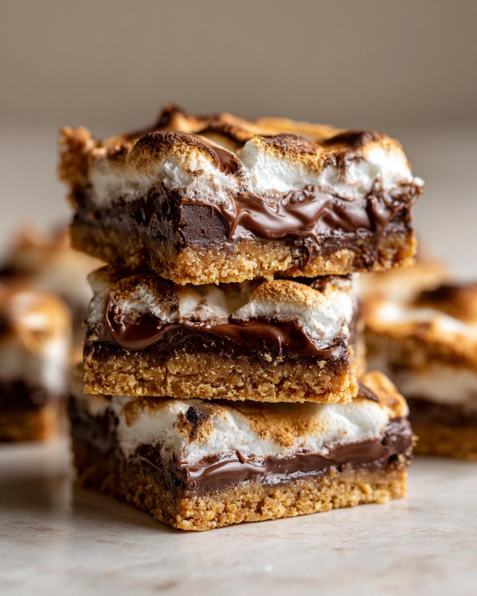 A stack of three No-Bake S’mores Bars showing layers of graham cracker crust, chocolate, and toasted marshmallows.