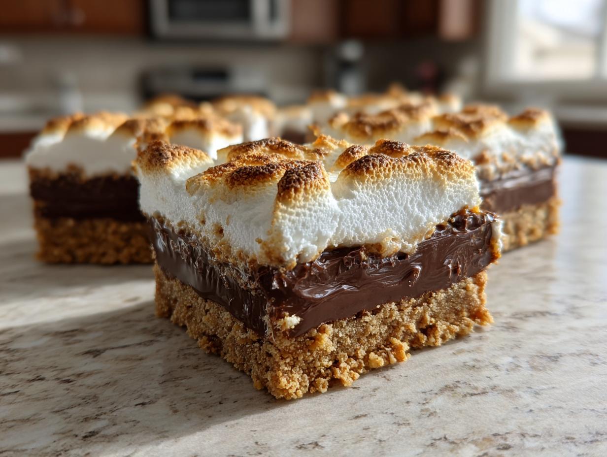 A close-up of no-bake S’mores bars featuring a graham cracker crust, chocolate layer, and toasted marshmallows.