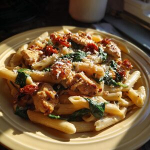 A plate of creamy One-Pot Tuscan Chicken Pasta with penne, chicken, spinach, and sun-dried tomatoes.