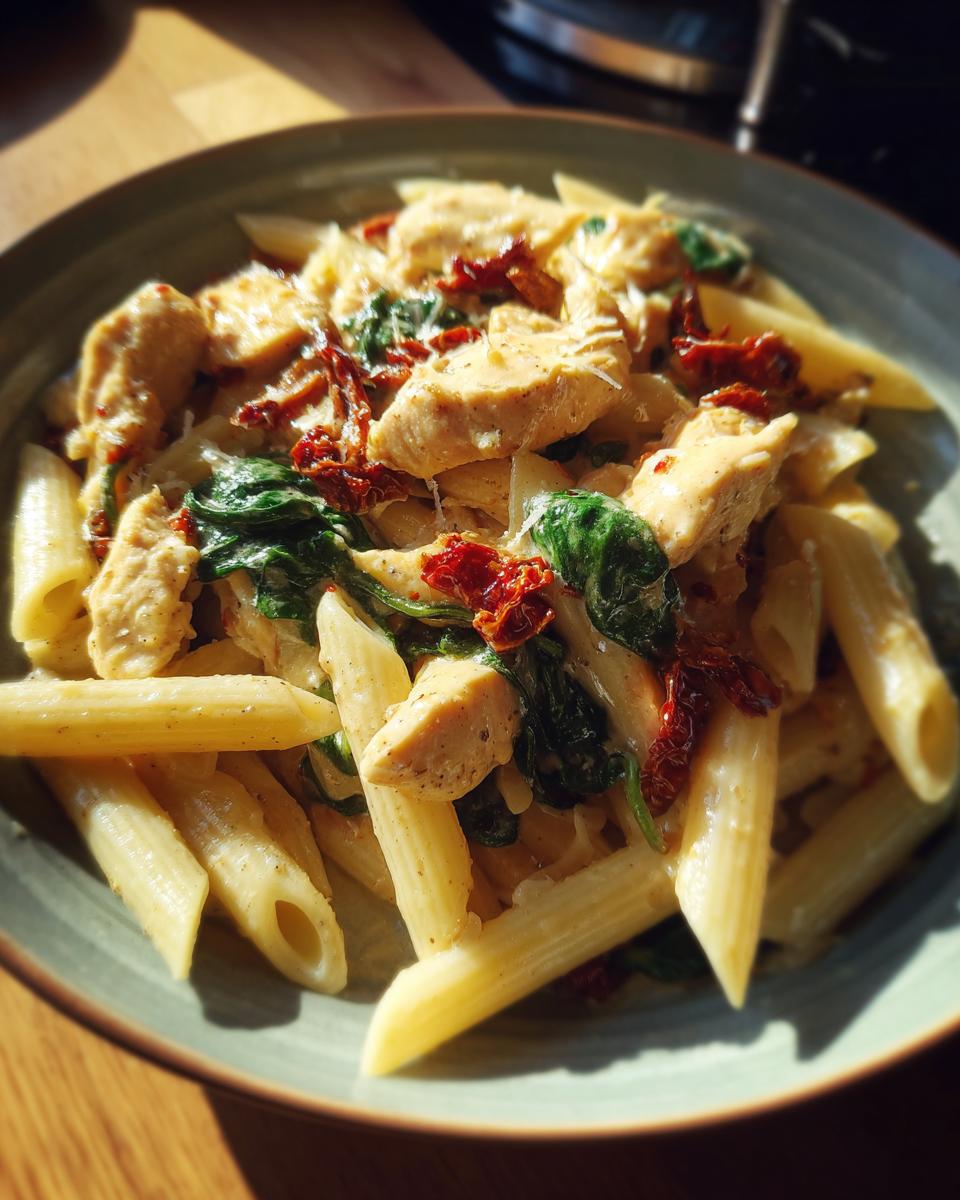 A serving of One-Pot Tuscan Chicken Pasta in a bowl, featuring penne pasta, chicken, spinach, and sun-dried tomatoes.