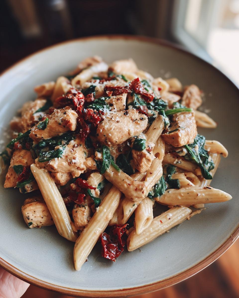 A plate of creamy One-Pot Tuscan Chicken Pasta with penne, spinach, sun-dried tomatoes, and seasoned chicken.
