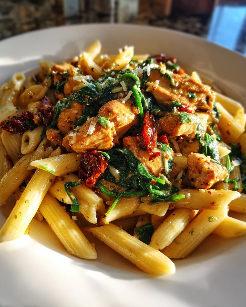 A serving of One-Pot Tuscan Chicken Pasta featuring penne, chicken, spinach, and sun-dried tomatoes.