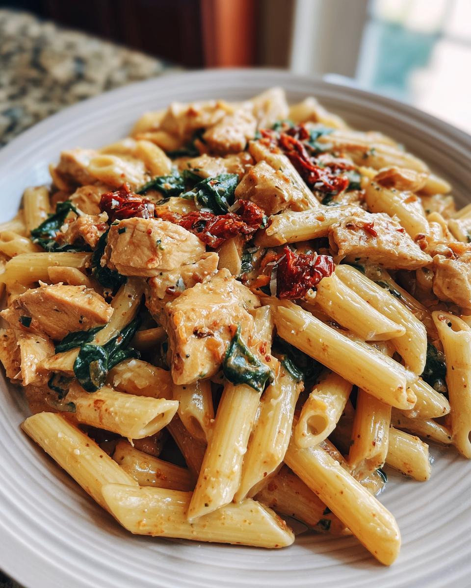 Close-up of One-Pot Tuscan Chicken Pasta with penne, chicken, spinach, and sun-dried tomatoes.