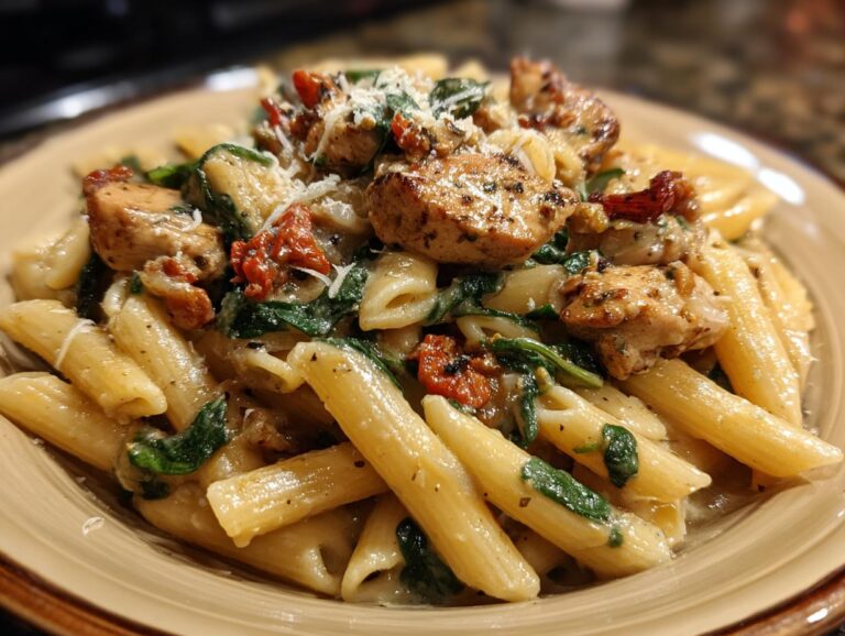 A serving of One-Pot Tuscan Chicken Pasta featuring penne, chicken, spinach, and sun-dried tomatoes on a plate.