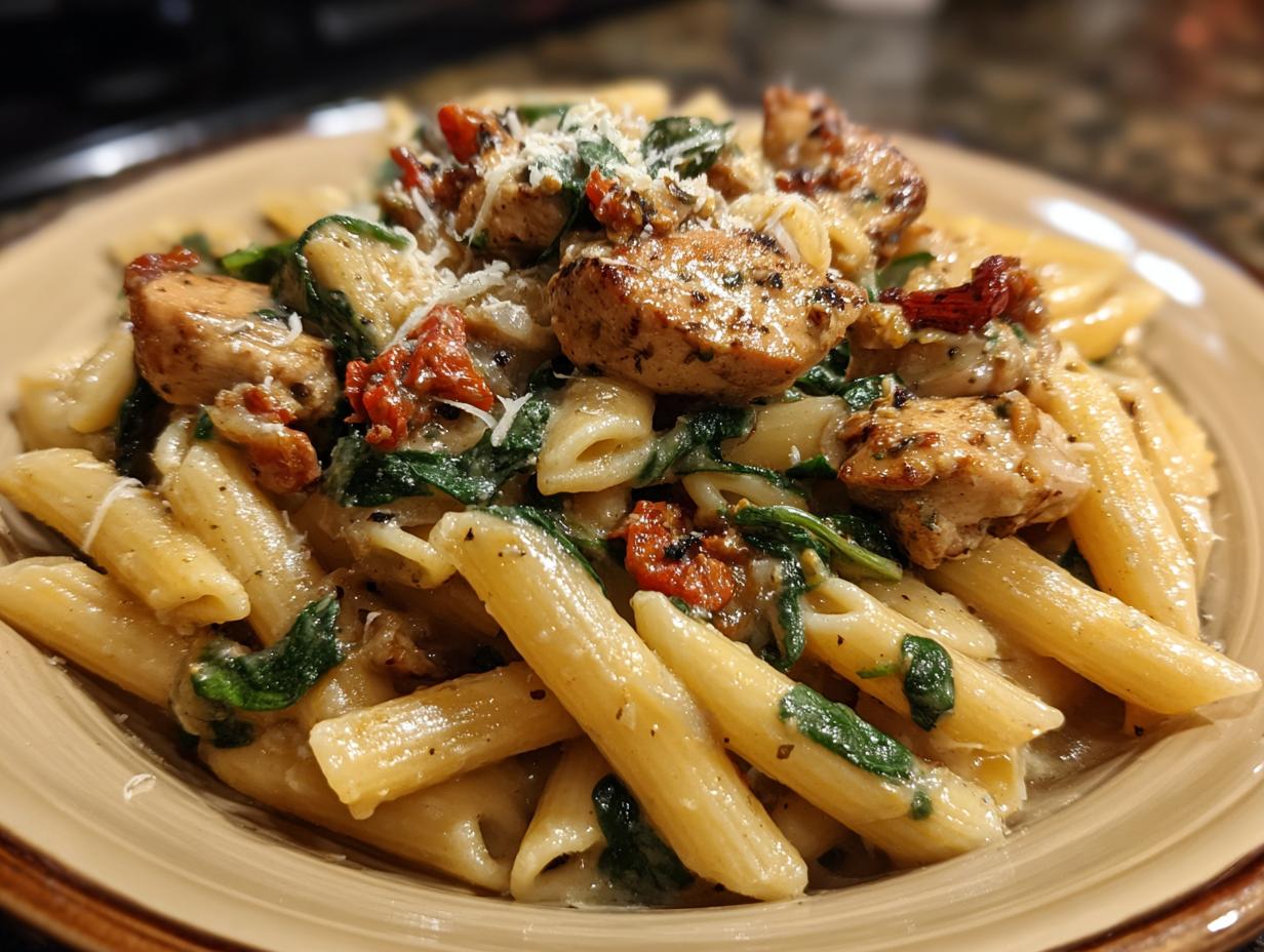 A serving of One-Pot Tuscan Chicken Pasta featuring penne, chicken, spinach, and sun-dried tomatoes on a plate.