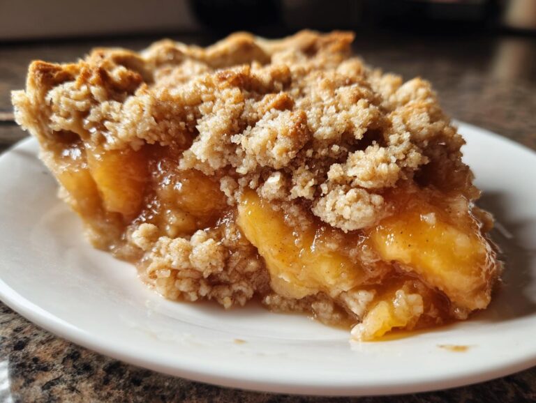 A slice of Peach Cobbler with Fresh Peaches, featuring a golden crust and juicy peach filling.