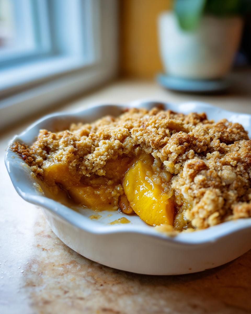 Close-up of a Peach Crisp with Fresh Peaches in a white baking dish, showing the peach filling and golden crumble topping.