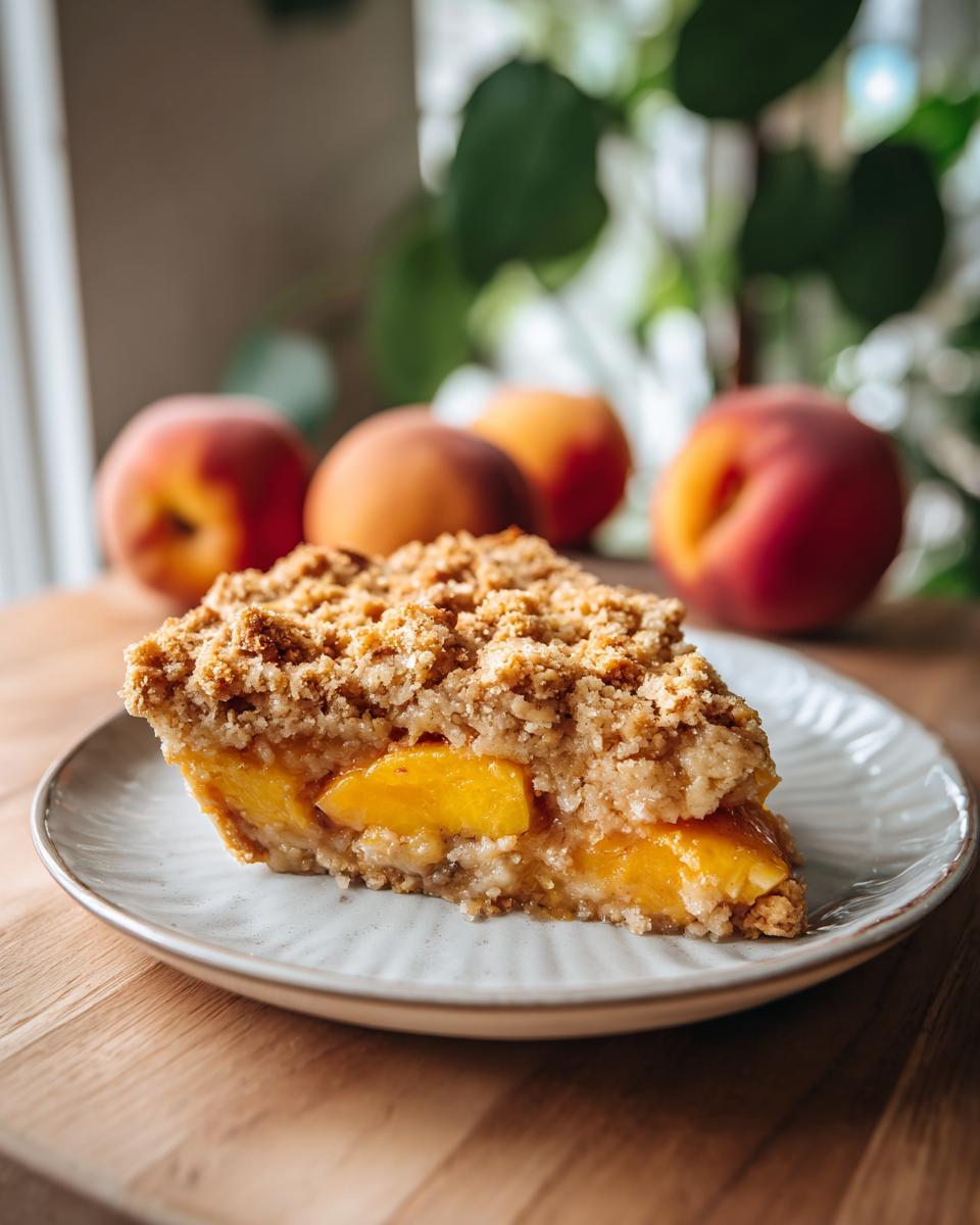 A delicious slice of Peach Crisp with Fresh Peaches on a plate, featuring a golden crumble topping.