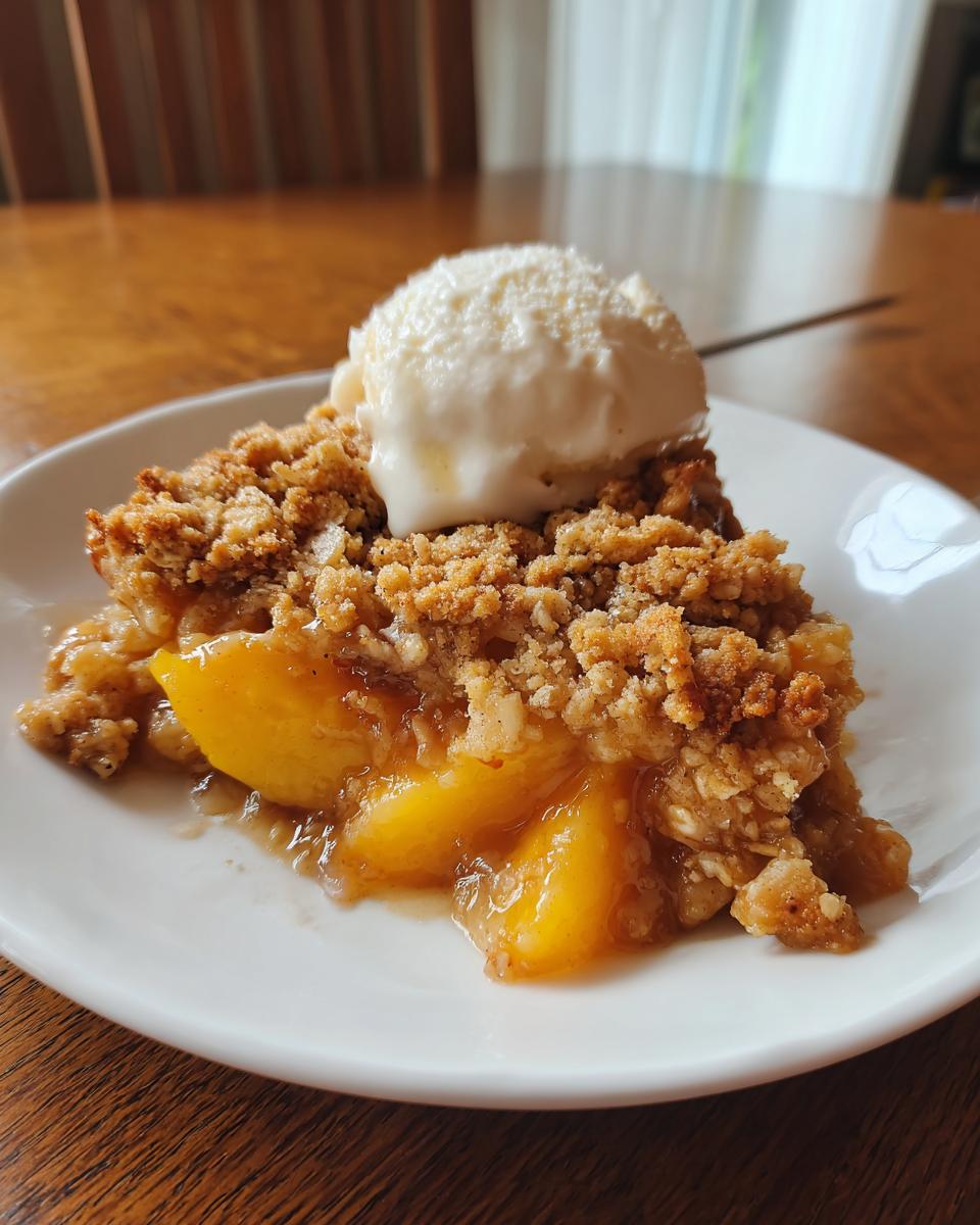 A slice of Peach Crisp with Fresh Peaches, topped with a scoop of vanilla ice cream on a white plate.