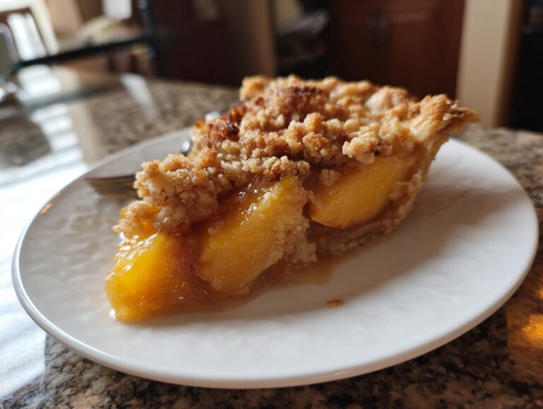 A slice of homemade Peach Crisp with Fresh Peaches on a white plate, showcasing the golden crust and juicy peach filling.