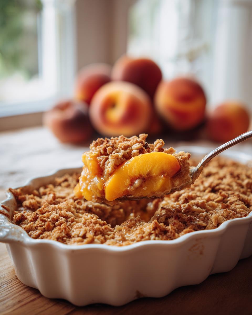 Spoonful of Peach Crisp with Fresh Peaches being lifted from a baking dish, with peaches in the background.