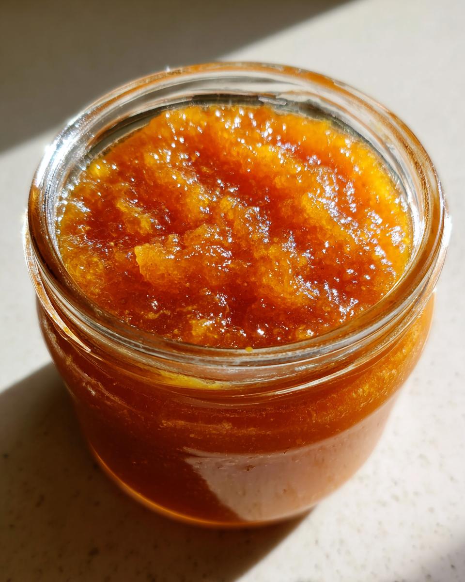 Close-up of a glass jar filled with homemade Peach Jam Recipe, showing its texture and vibrant color.
