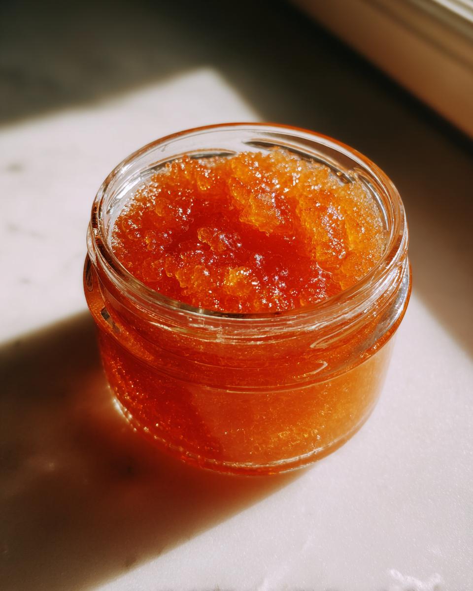 Close-up of a glass jar filled with homemade Peach Jam Recipe, showcasing its vibrant color and texture.