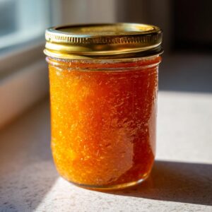 A jar of homemade Peach Jam Recipe, sealed with a golden lid, sitting on a bright surface.