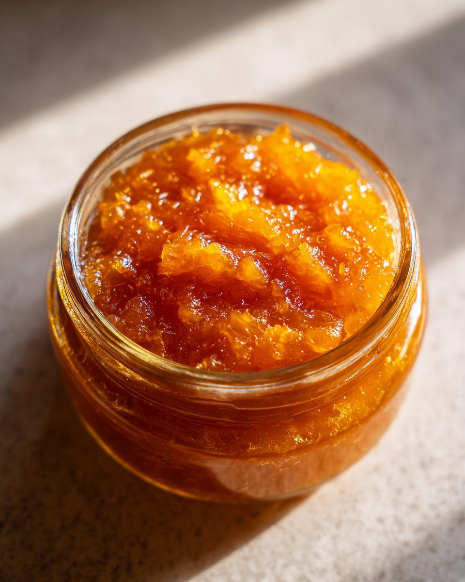 Close-up of a glass jar filled with homemade Peach Jam Recipe, showing the texture and vibrant color.