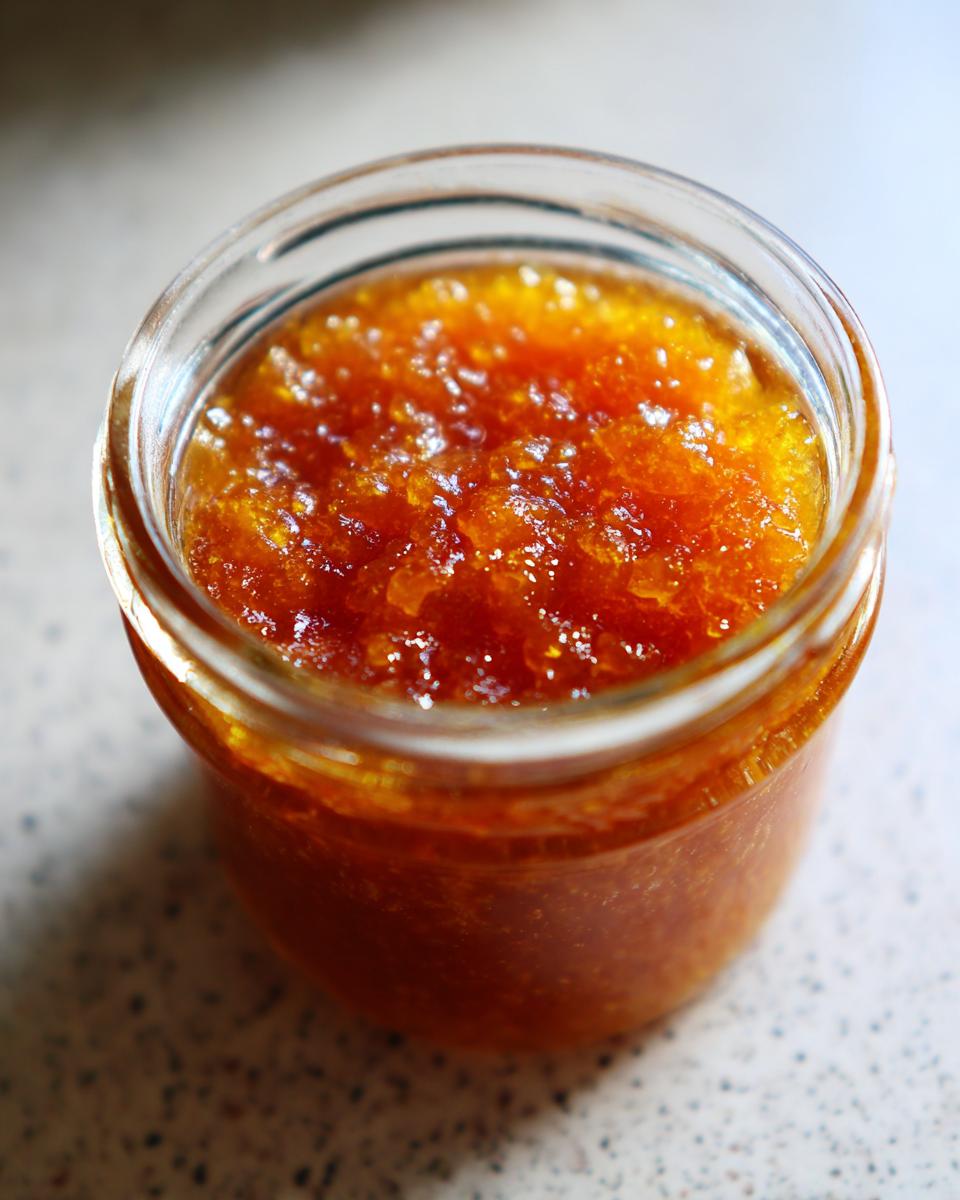 Close-up of a jar filled with homemade Peach Jam Recipe, showcasing its vibrant color and texture.