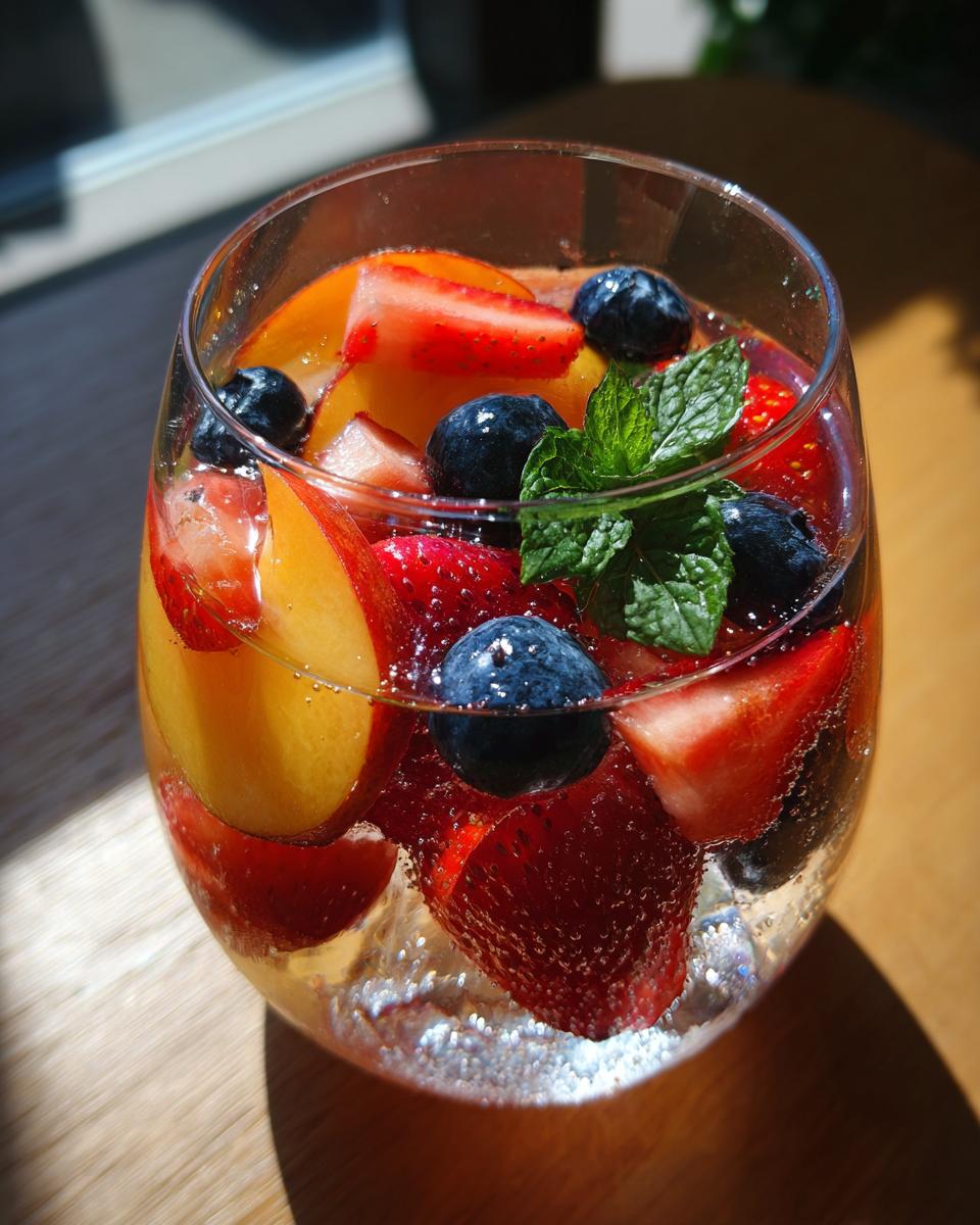 Close-up of a glass of Peach Sangria with peaches, strawberries, blueberries, and mint.