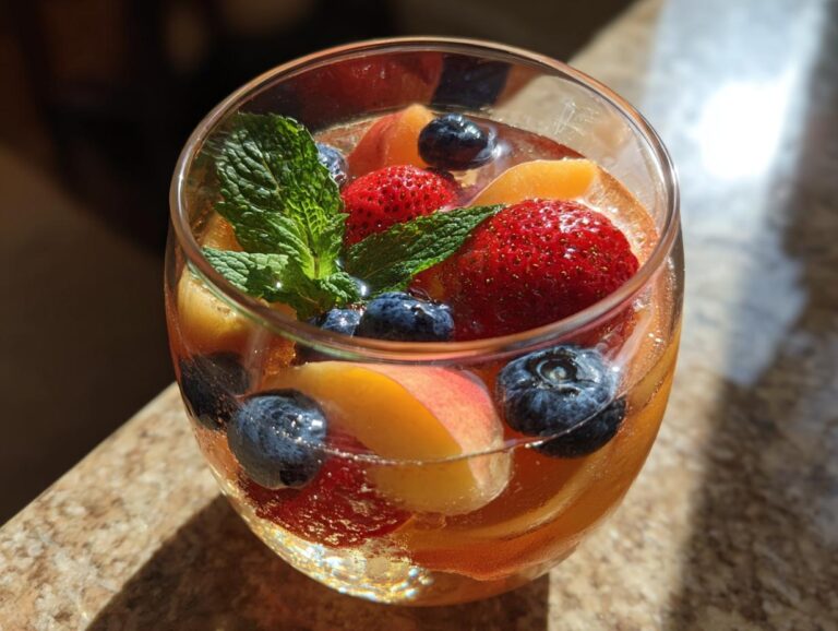 Close-up of a glass filled with Peach Sangria, featuring fresh peaches, strawberries, blueberries, and mint.