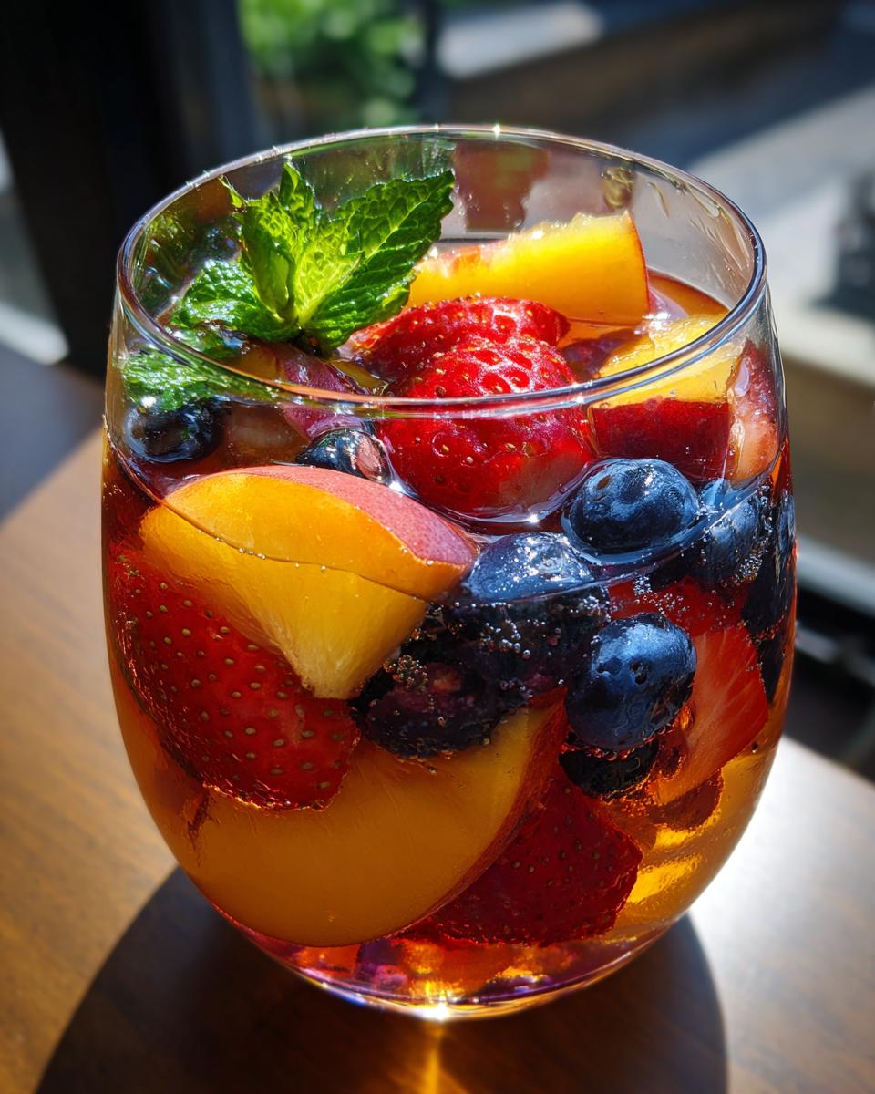 Close-up of a glass filled with Peach Sangria, featuring peaches, strawberries, blueberries, and a mint garnish.