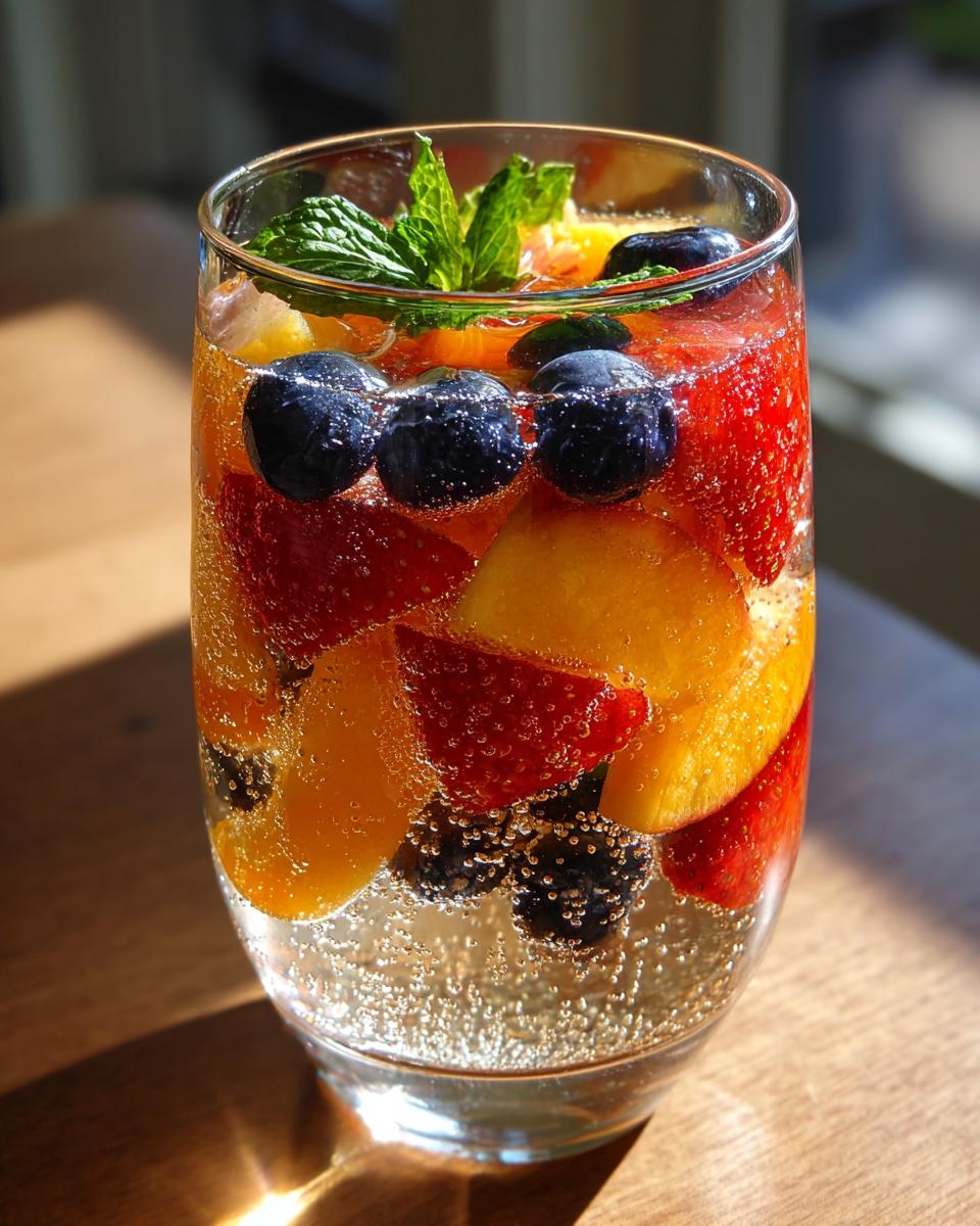 Glass of Peach Sangria filled with peaches, strawberries, blueberries, blackberries, and mint.