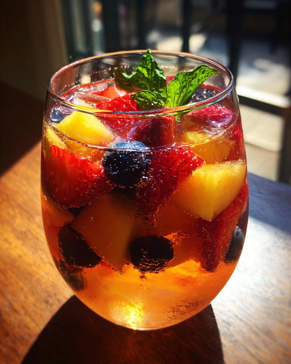A glass of Peach Sangria filled with peaches, strawberries, blueberries, and garnished with mint.