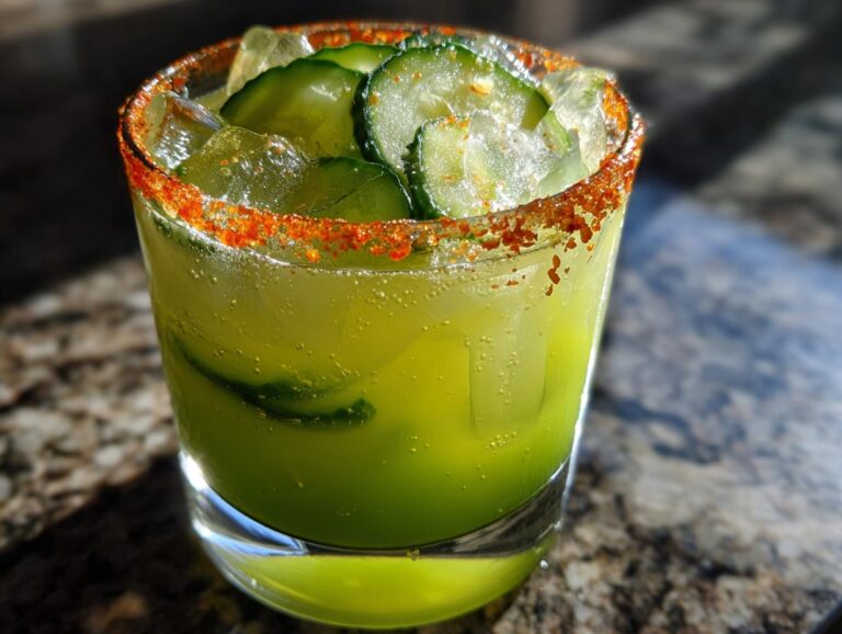A vibrant Pickle Margarita with ice, cucumber slices, and a chili-lime salt rim.