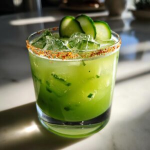 A vibrant Pickle Margarita with ice, cucumber garnish, and a spiced rim, ready to enjoy.
