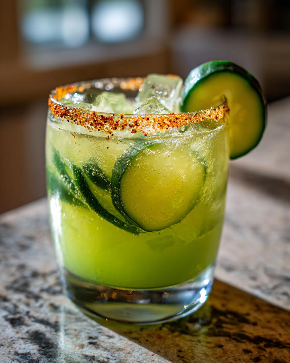 A vibrant Pickle Margarita with cucumber slices, ice, and a chili-lime rim, garnished with a cucumber wheel.