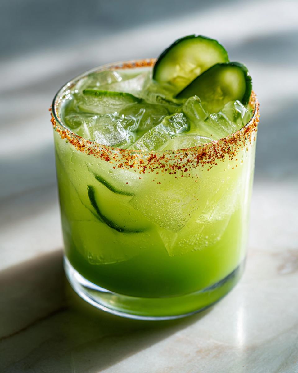 Icy Pickle Margarita in a glass with a chili-lime rim and cucumber slices.