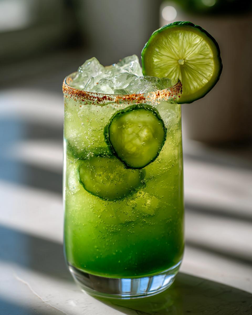 A vibrant Pickle Margarita with ice, cucumber slices, and a lime garnish, rimmed with seasoning.