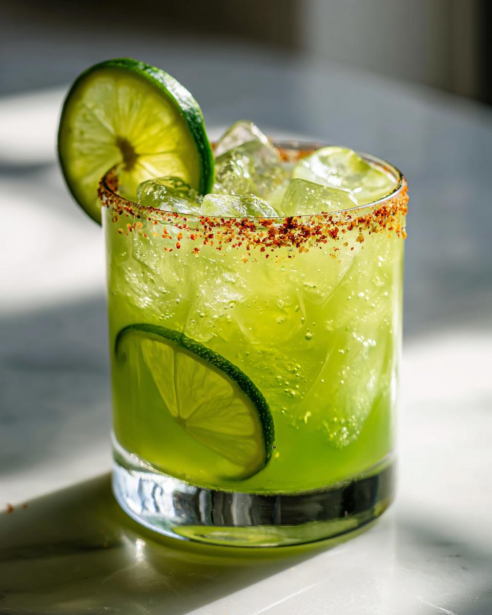 A vibrant Pickle Margarita in a glass with ice, lime garnish, and a Tajin rim.