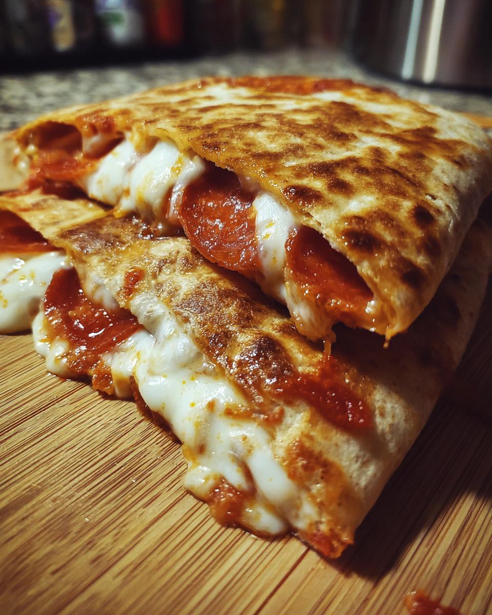 Close-up of stacked Pizza Quesadillas filled with melted cheese and pepperoni on a wooden board.