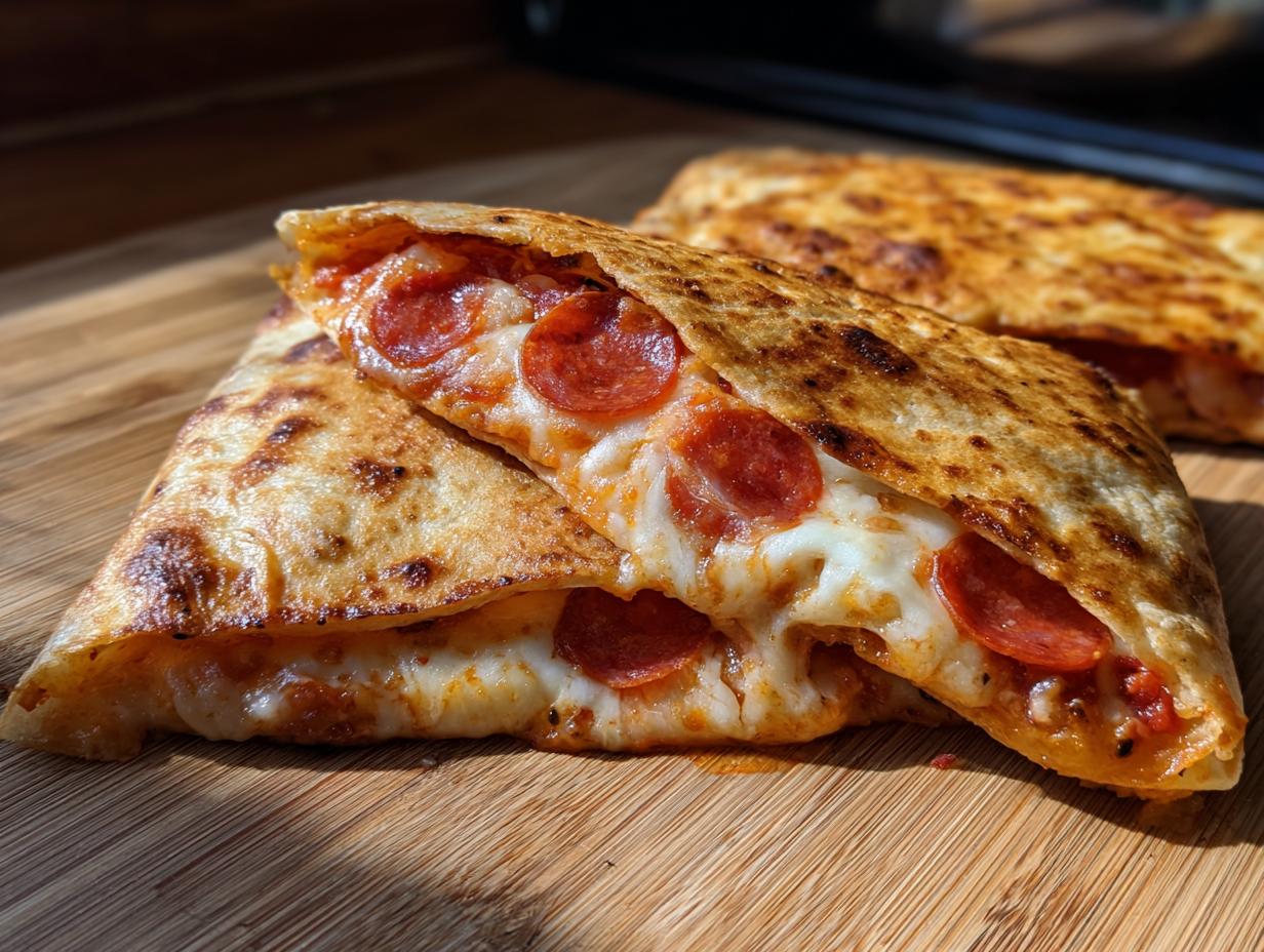 Close-up of a sliced Pizza Quesadillas filled with melted cheese and pepperoni on a wooden board.