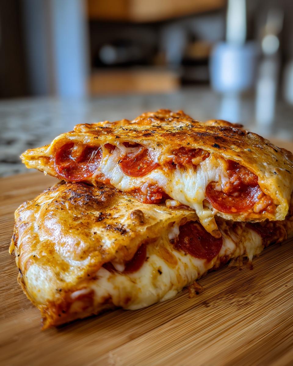 Two pizza quesadillas stacked, showcasing melted cheese and pepperoni filling. Pizza Quesadillas recipe.
