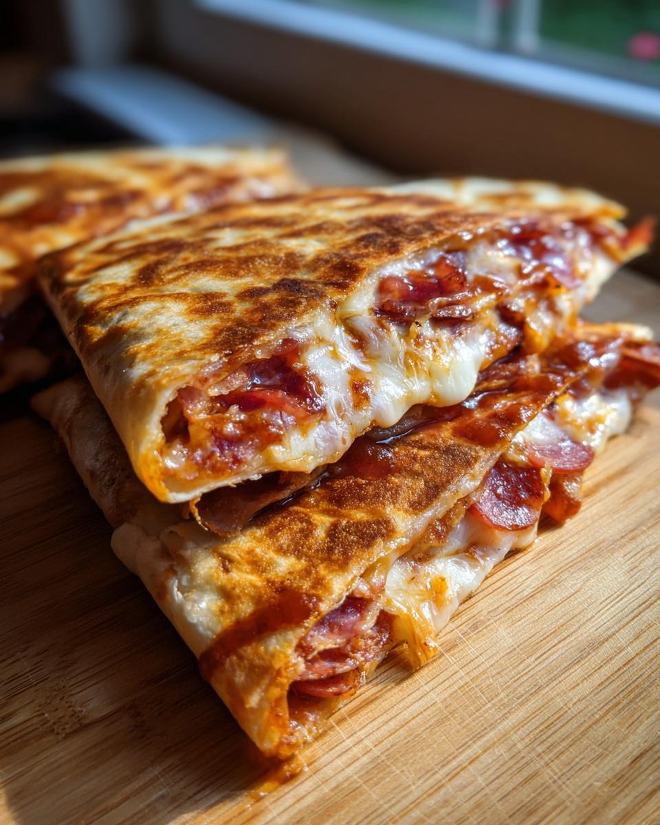 A stack of golden-brown Pizza Quesadillas with melted cheese and pepperoni filling on a wooden board.