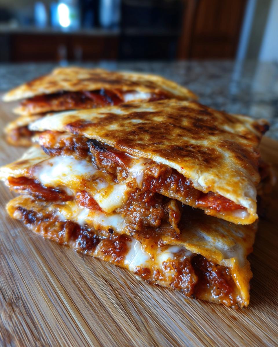 Close-up of stacked Pizza Quesadillas showing melted cheese and pizza toppings inside a crispy tortilla.