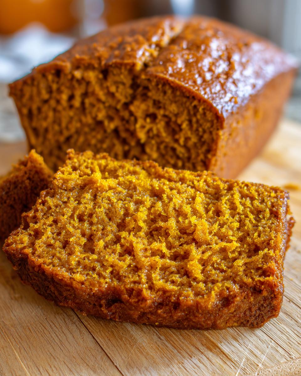 Close-up of a sliced loaf of Pumpkin Bread on a wooden board, showcasing its moist texture and rich color.