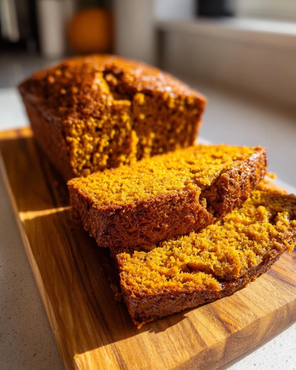 Close-up of sliced Pumpkin Bread on a wooden cutting board, showcasing its moist texture and golden-brown color.