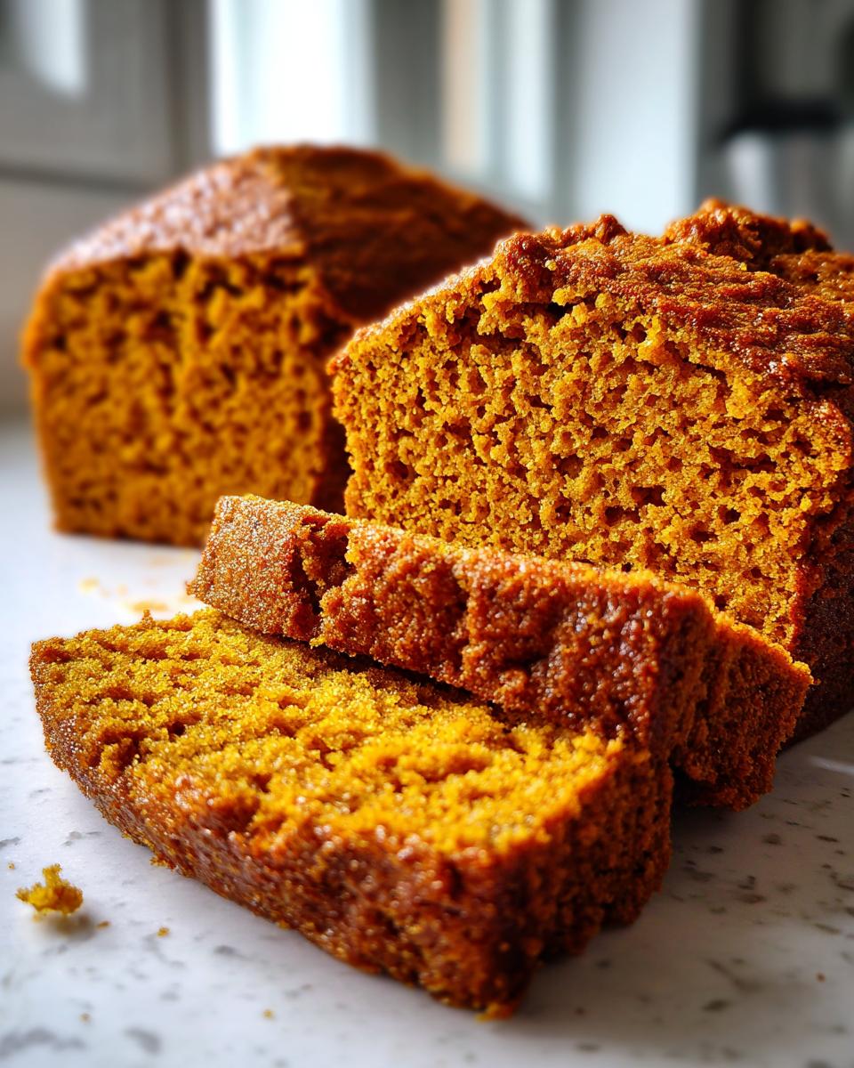 Close-up of moist pumpkin bread slices, showcasing the texture and color of the loaf.