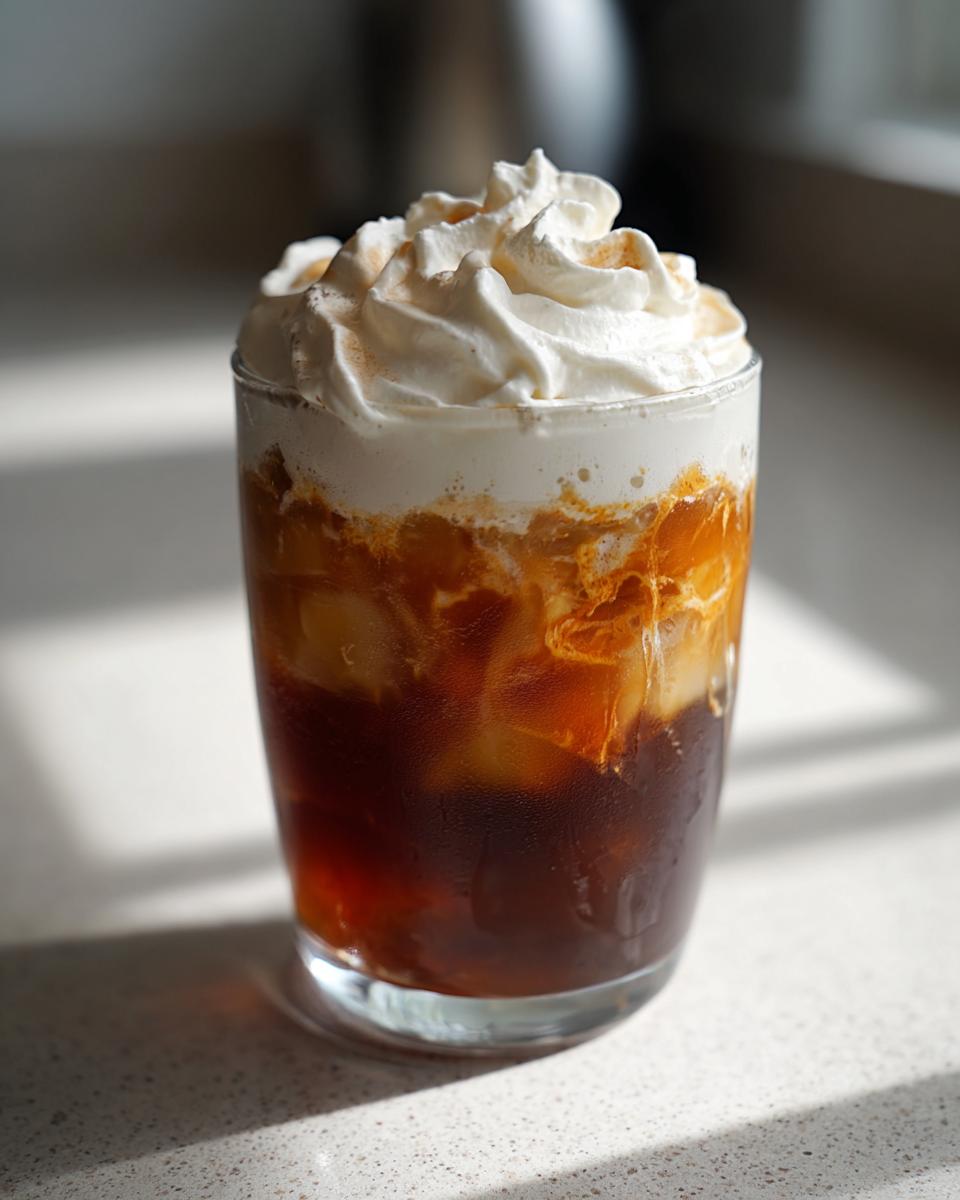 A glass of Pumpkin Cream Cold Brew Copycat with ice, coffee, pumpkin cream, and whipped topping.