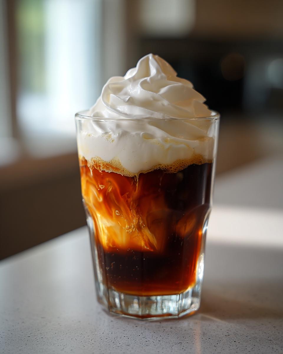 A glass of Pumpkin Cream Cold Brew Copycat with a generous swirl of pumpkin cream on top.