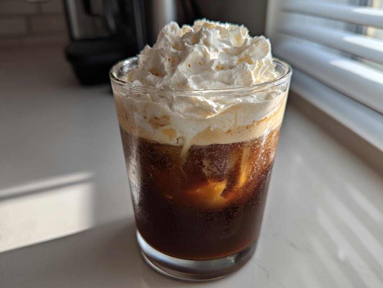 A glass of Pumpkin Cream Cold Brew Copycat topped with whipped cream, sitting on a white counter.